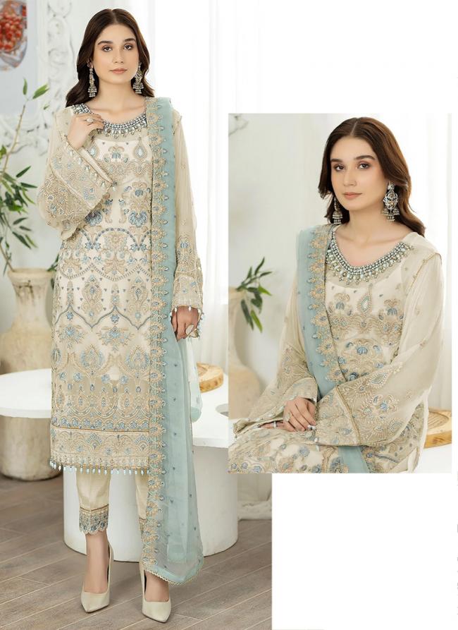 Georgette Beige Eid Wear Embroidery Work Pakistani Suit